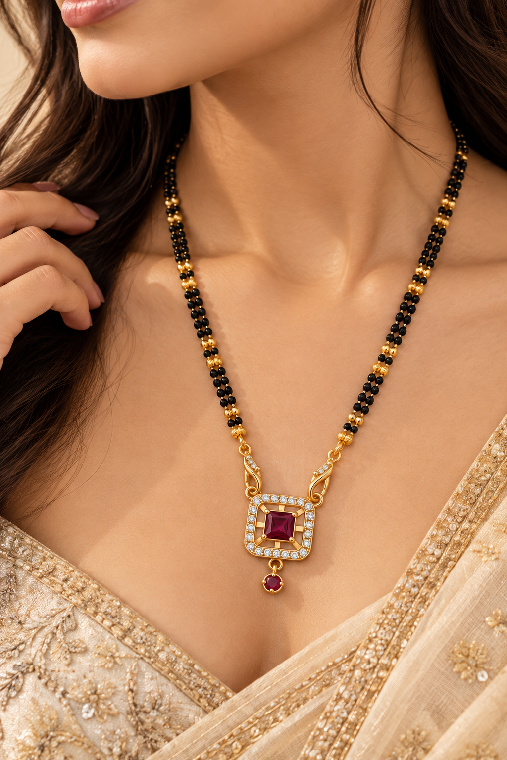 Elegant Black-Beaded Mangalsutra with Ruby-Toned Square Pendant
