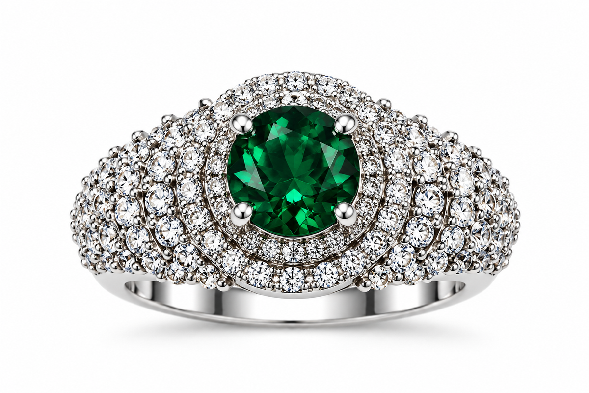 Emerald Green Round Halo Statement Ring
