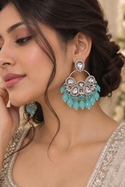 Premium Silver-Toned Aqua Blue Crystal & Pearl Chandelier Earrings