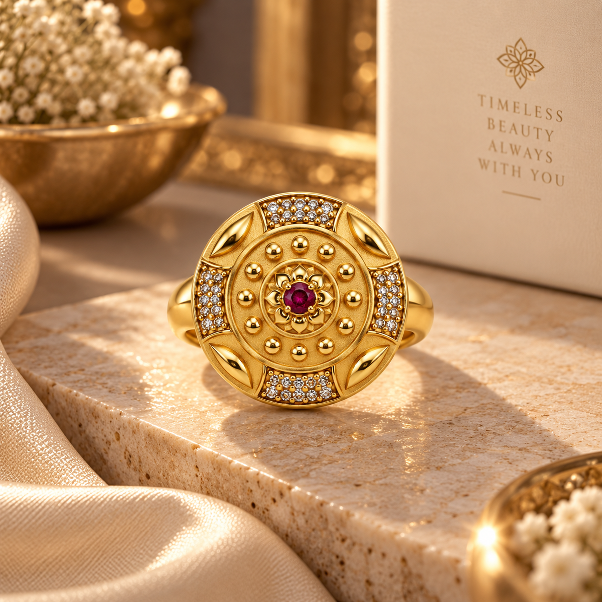 Premium Gold-Toned Ruby Medallion Ring
