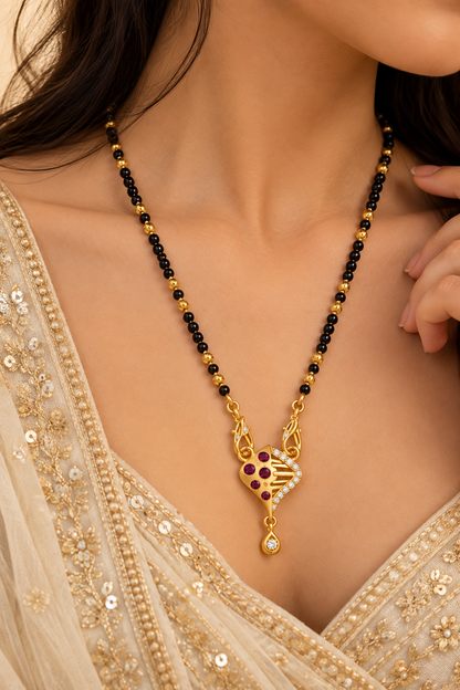 Gold-Toned Black Beaded Mangalsutra with Purple Pendant
