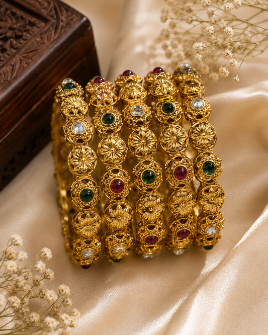 Traditional Antique Gold Navratna Floral Bangle Set