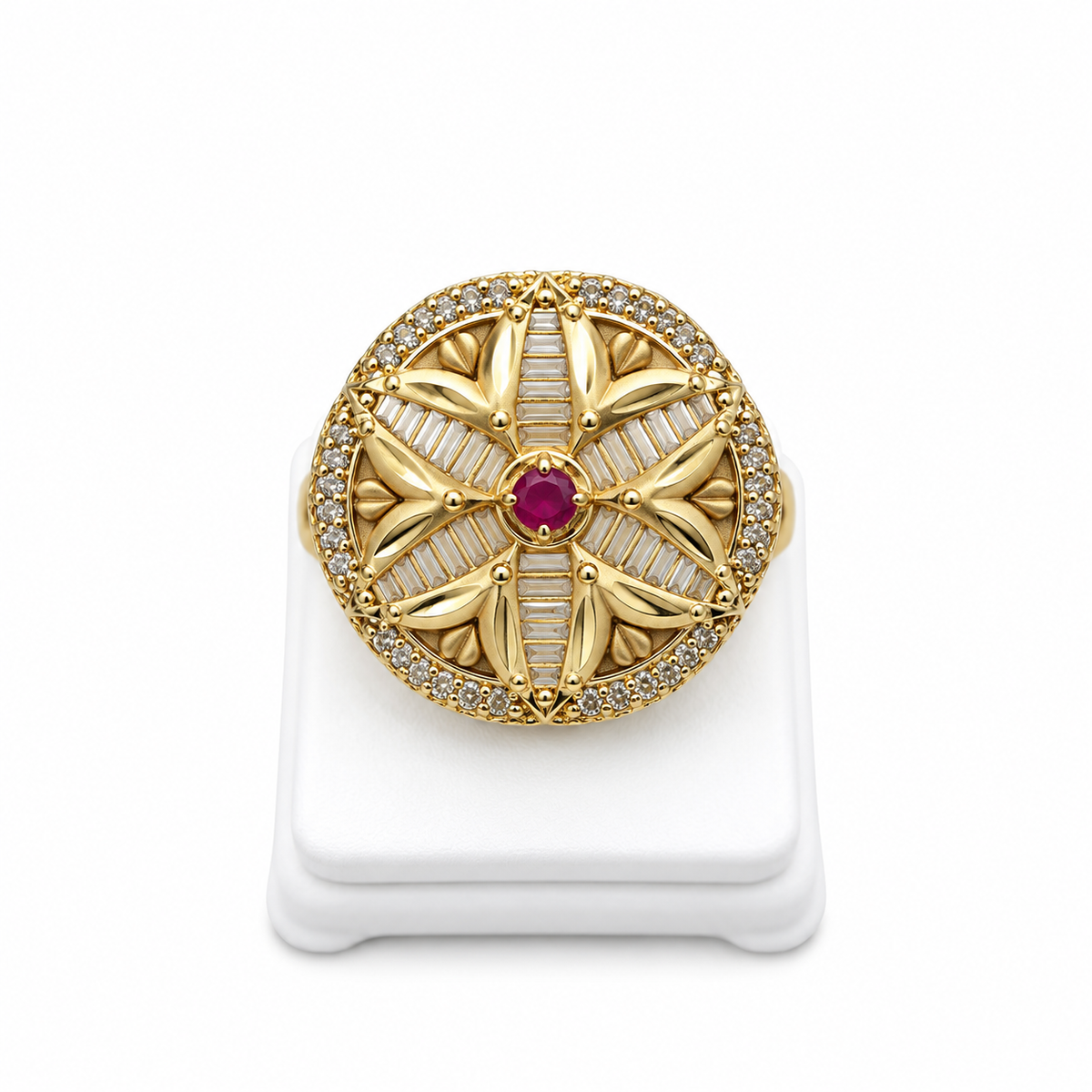 Premium Gold-Toned Ruby Floral Statement Ring