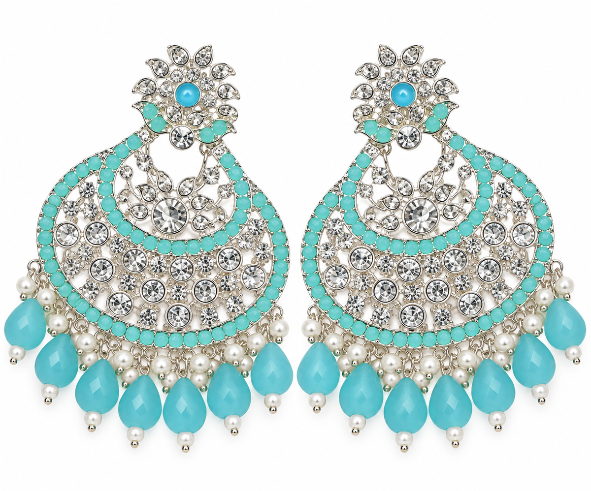 Premium Silver-Toned Turquoise Crystal Chandbali Statement Earrings