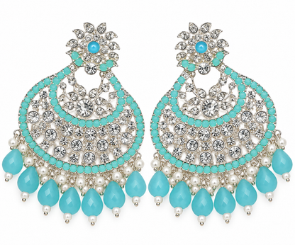 Premium Silver-Toned Turquoise Crystal Chandbali Statement Earrings