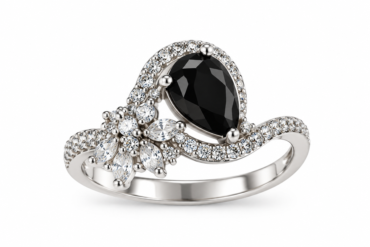 Silver-Toned Black Gemstone Statement Ring