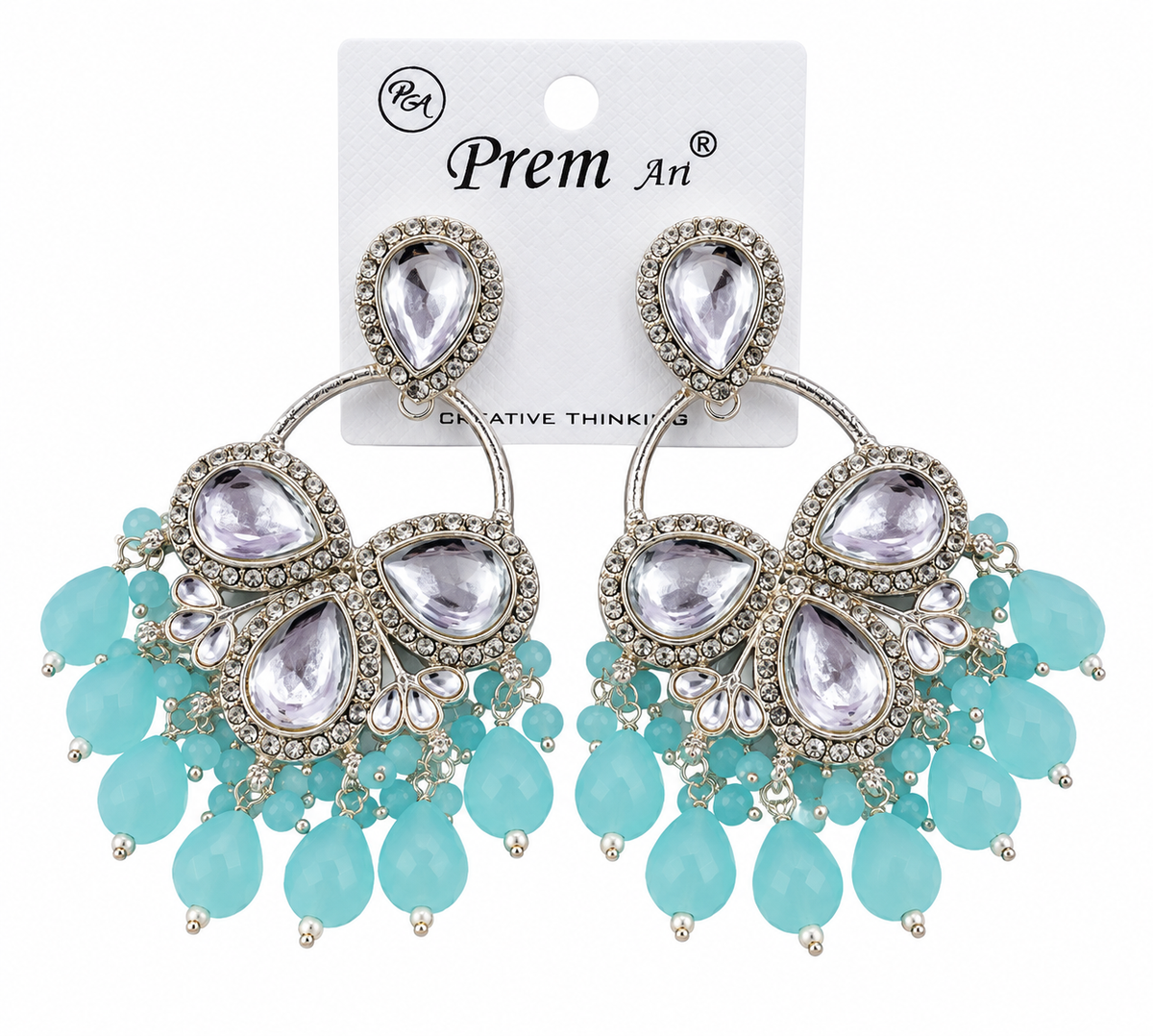 Premium Silver-Toned Aqua Blue Crystal & Pearl Chandelier Earrings