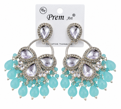 Premium Silver-Toned Aqua Blue Crystal & Pearl Chandelier Earrings