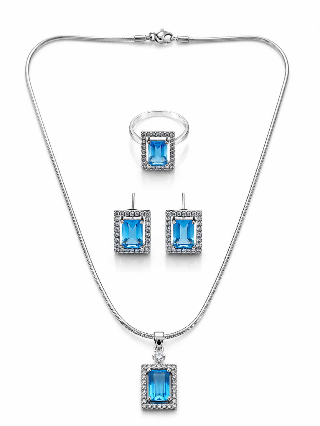 Elegant Aqua Blue Silver-Toned Pendant Set