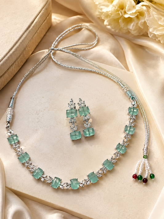 Silver-Toned Aqua Green Stone Necklace Set