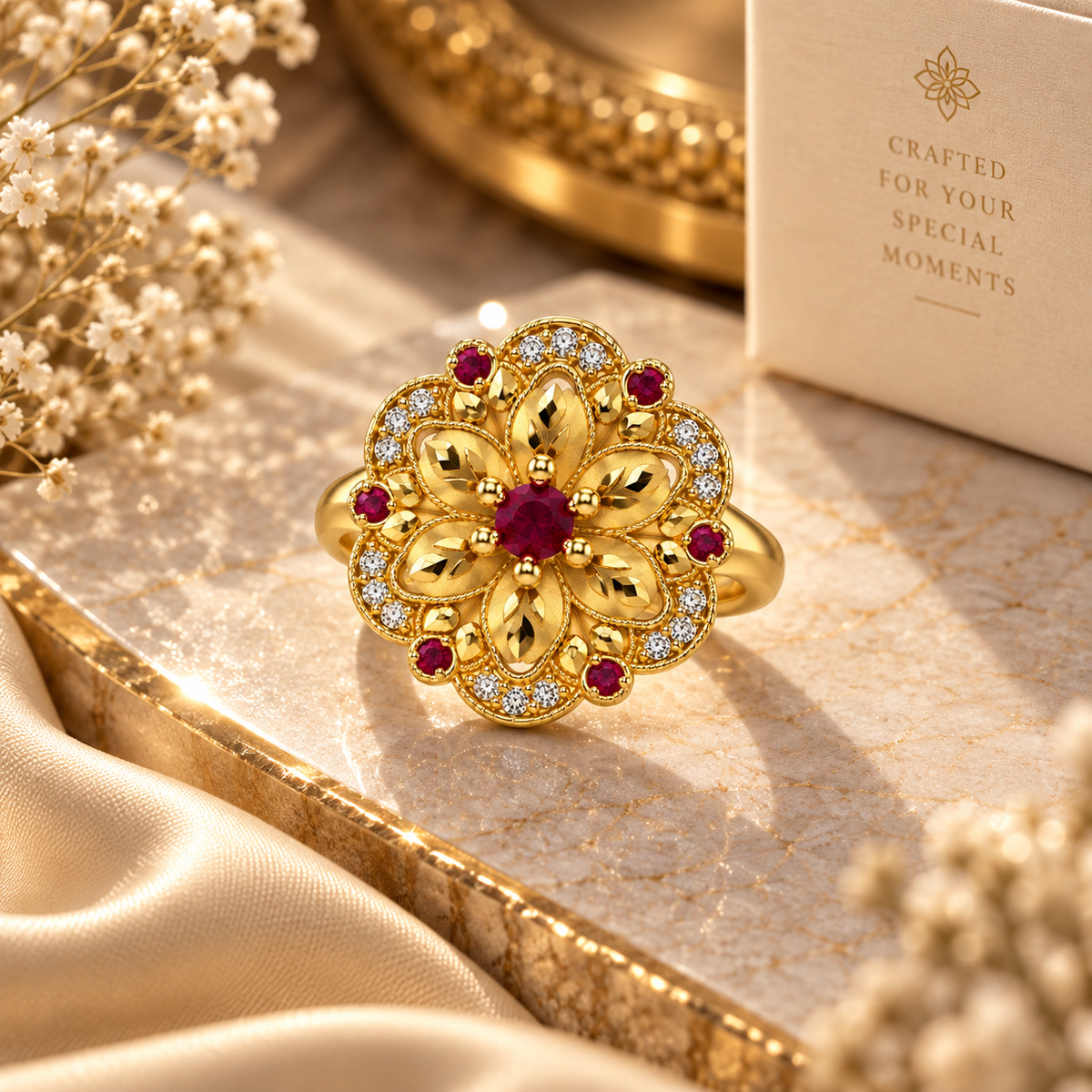Premium Gold-Toned Floral Ruby Ring