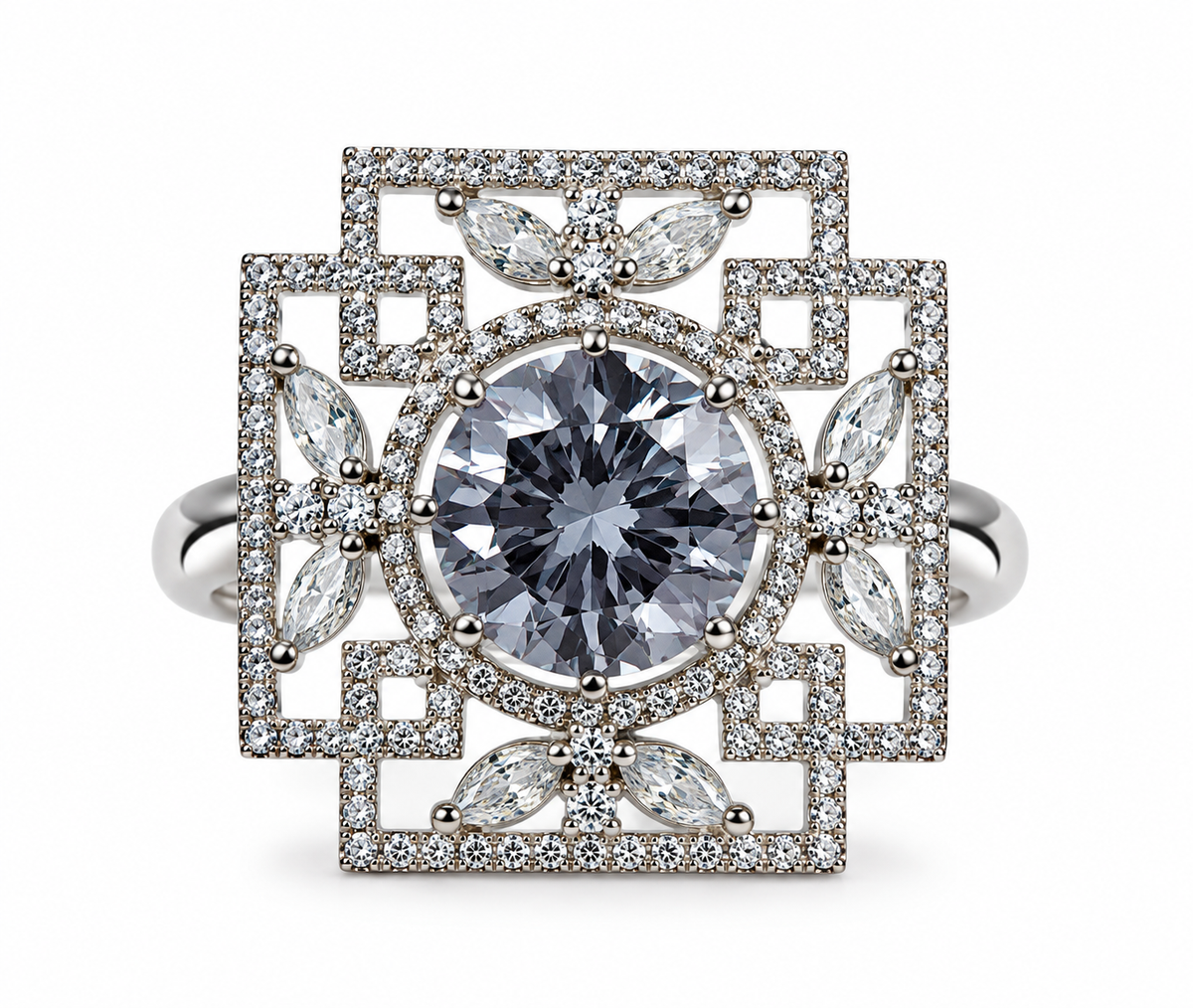 Silver-Toned Geometric Floral Statement Ring