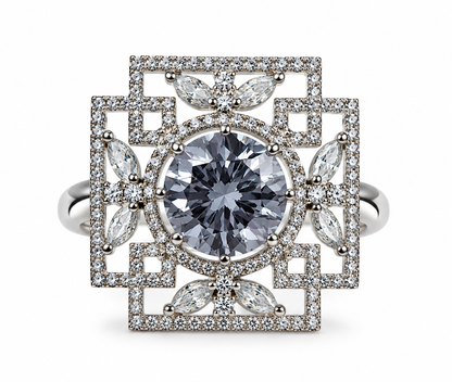 Silver-Toned Geometric Floral Statement Ring