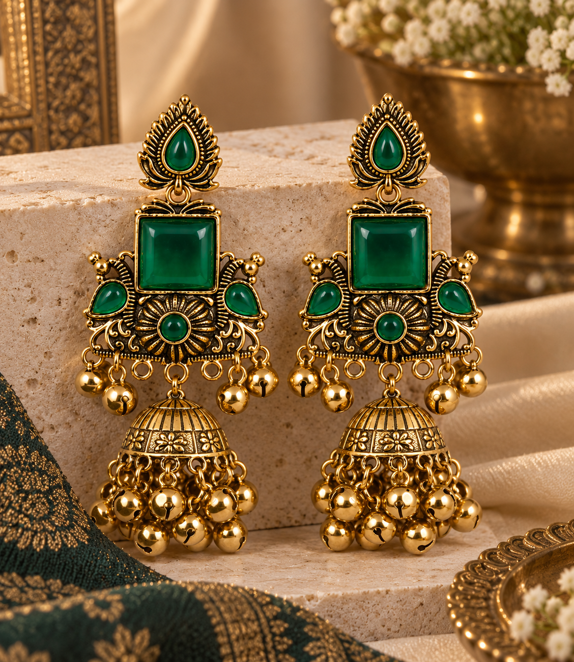 Premium Gold-Toned Green Stone Traditional Jhumka Earrings