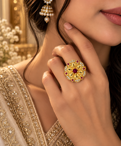 Premium Gold-Toned Floral Ruby Ring
