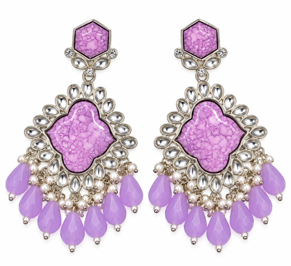 Premium Lavender Marbled Stone & Pearl Chandelier Earrings