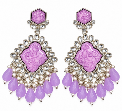 Premium Lavender Marbled Stone & Pearl Chandelier Earrings