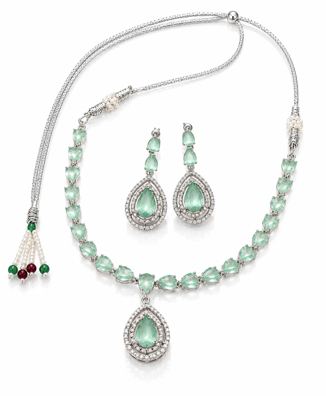 Silver-Toned Mint Green Crystal Necklace & Earring Set