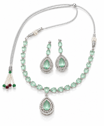 Silver-Toned Mint Green Crystal Necklace & Earring Set
