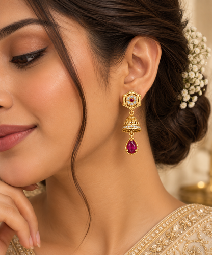 Premium Gold-Toned Jhumka Drop Earrings with Ruby Accents