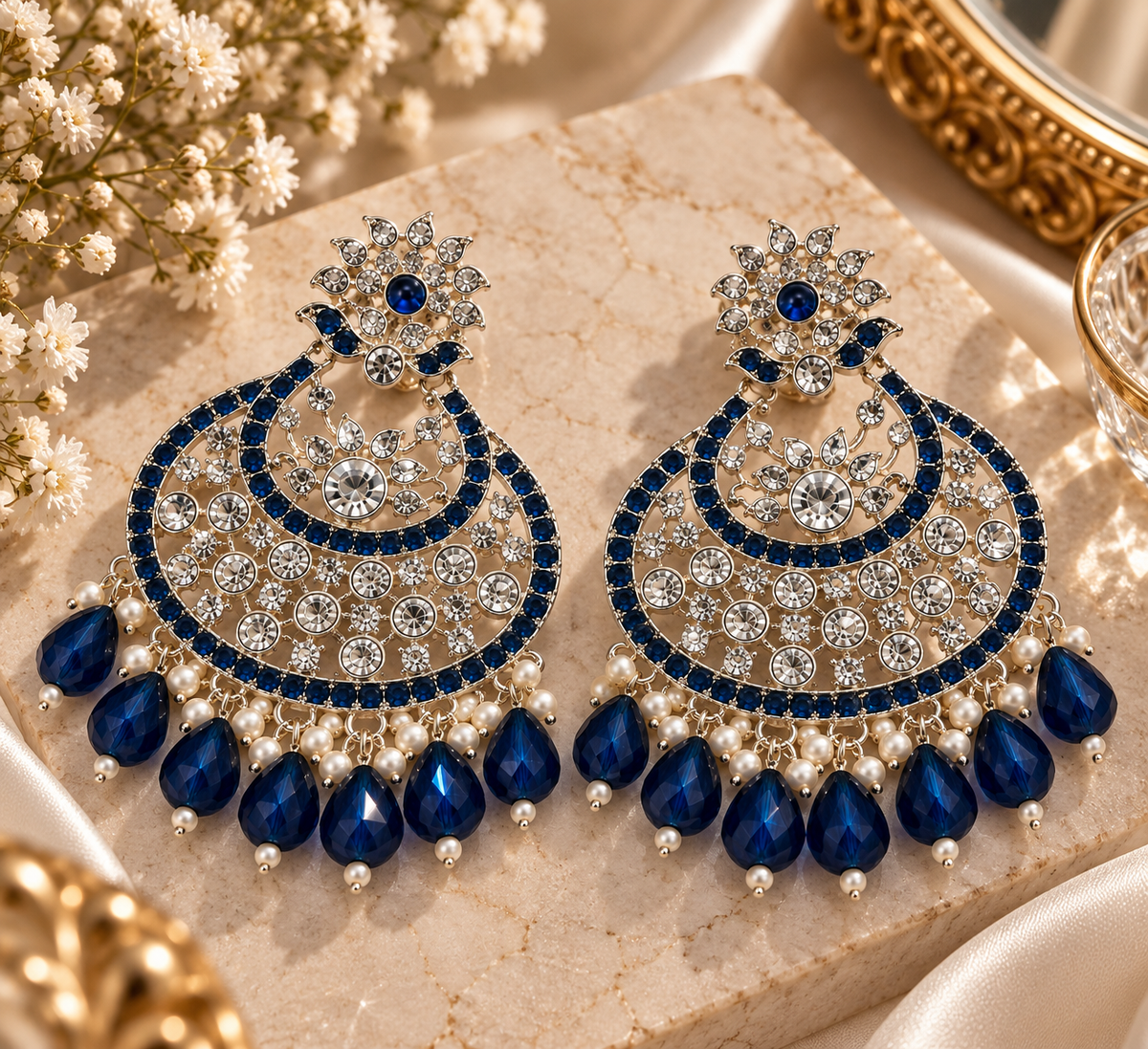 Premium Silver-Toned Blue Crystal Chandelier Statement Earrings