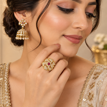 Gold-Toned Ruby Floral Statement Ring