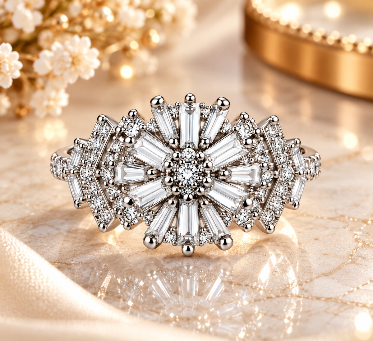 Silver Crystal Sunburst Statement Ring