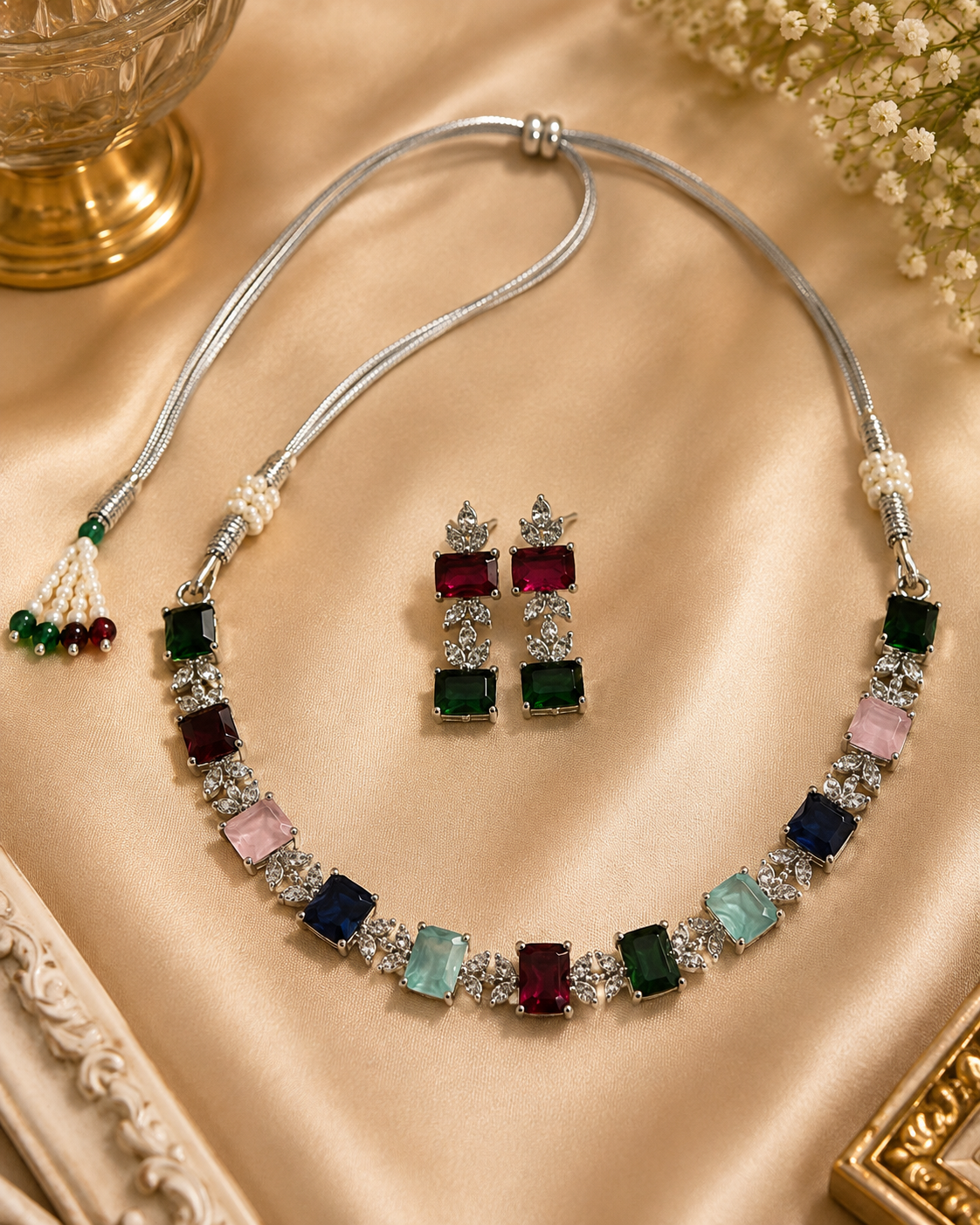 Elegant Multicolor Rectangular Gemstone Necklace & Earring Set