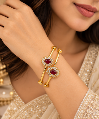 Gold-Toned Red Stone Double-Band Bracelet