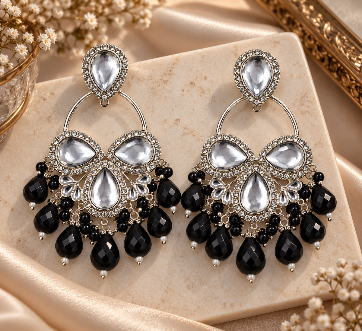 Premium Silver-Toned Black Beaded Crystal Chandelier Earrings