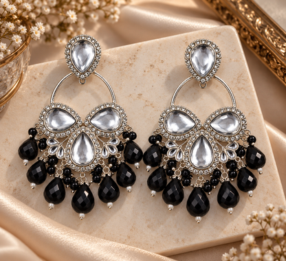 Premium Silver-Toned Black Beaded Crystal Chandelier Earrings
