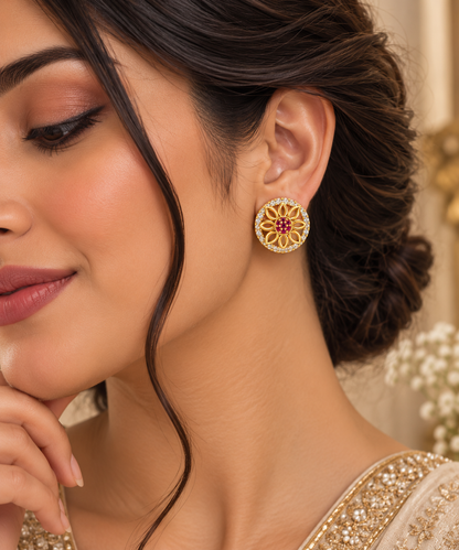 Premium Gold-Toned Floral Stud Earrings with Ruby Accents
