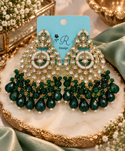 Premium Gold-Toned Kundan-Style Emerald Green Chandelier Earrings