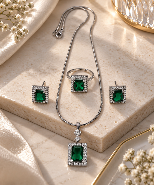 Premium Silver-Toned Emerald Green Jewellery Set