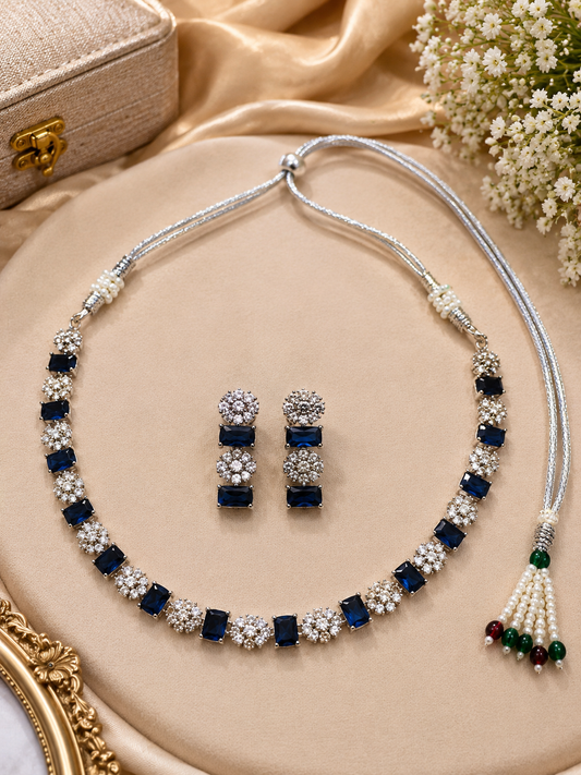 Silver-Toned Navy Blue Stone Necklace Set