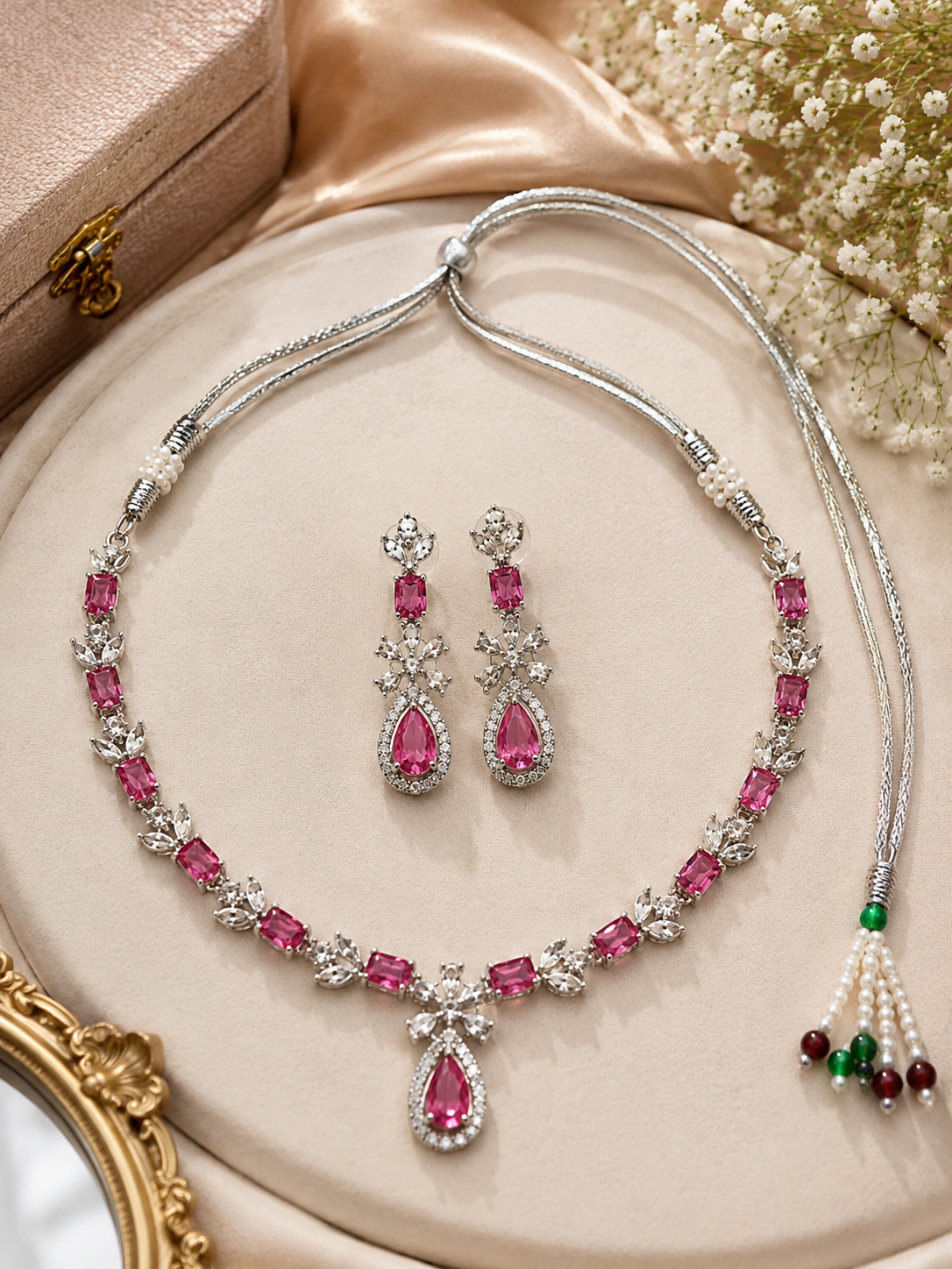 Silver-Toned Pink Ruby-Inspired Necklace Set
