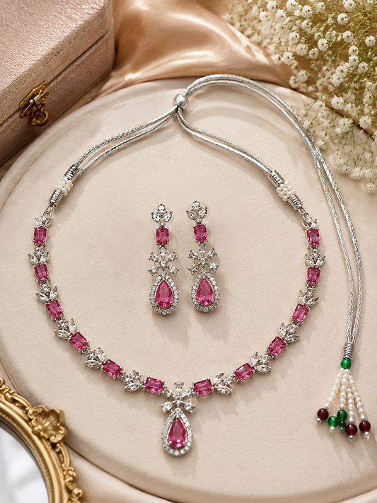 Silver-Toned Pink Ruby-Inspired Necklace Set