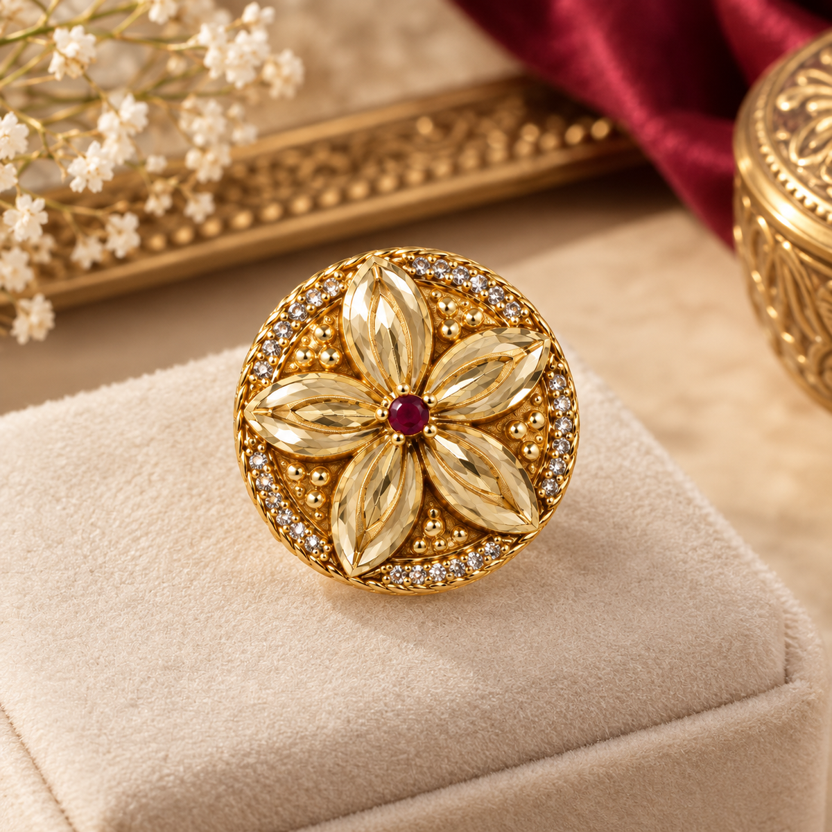 Gold-Toned Floral Crystal Statement Ring