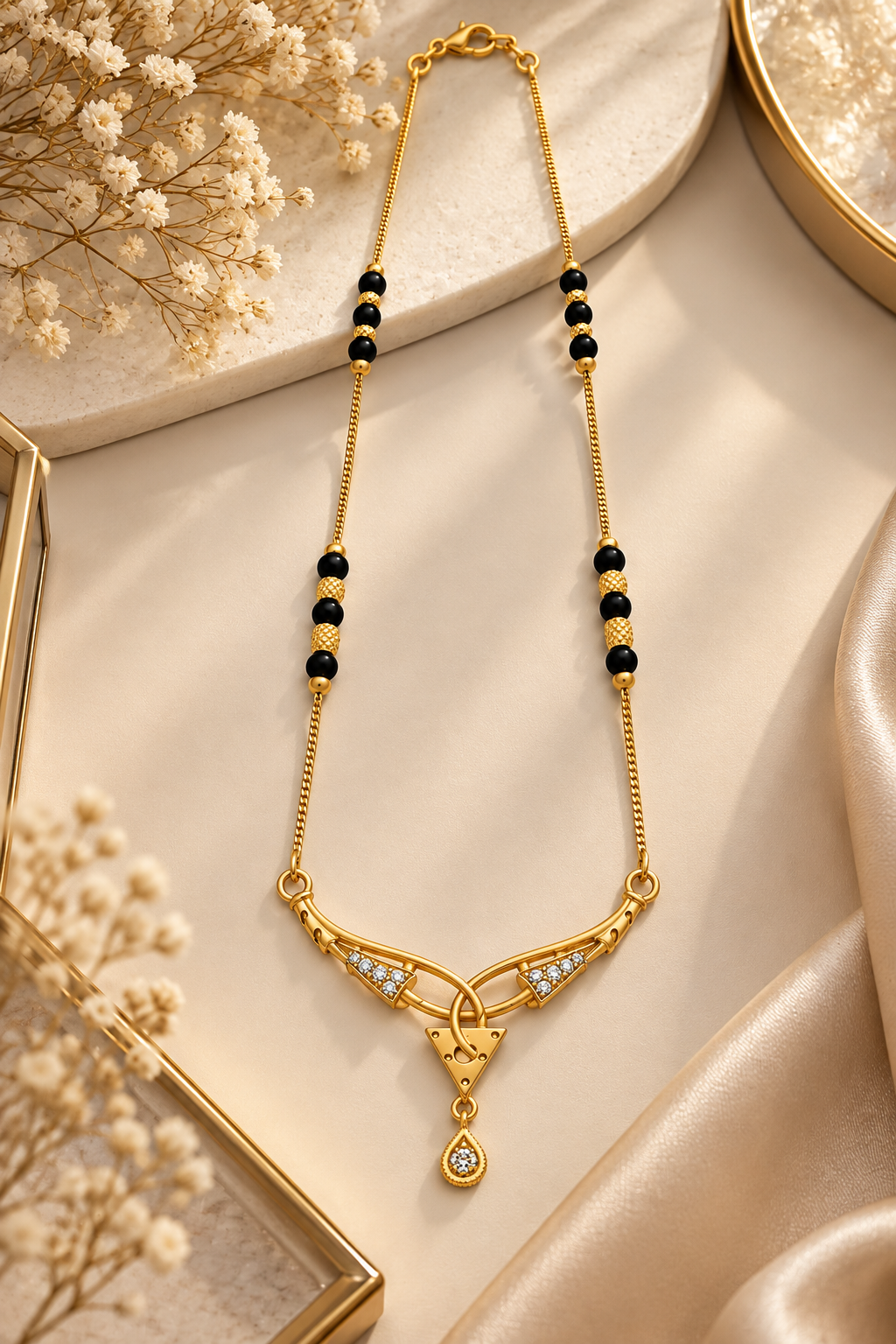 Gold-Toned Black Beaded Pendant Necklace