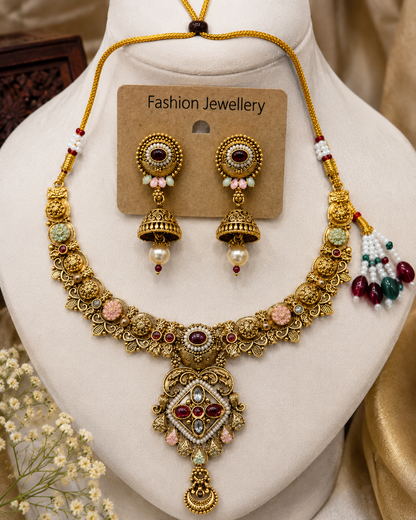 Royal Antique Gold Multicolor Kundan Necklace & Jhumka Set