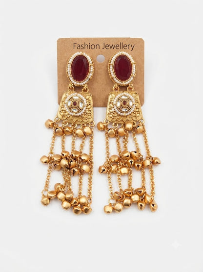 Premium Maroon Kundan Gold-Toned Long Jhumka Chain Earrings