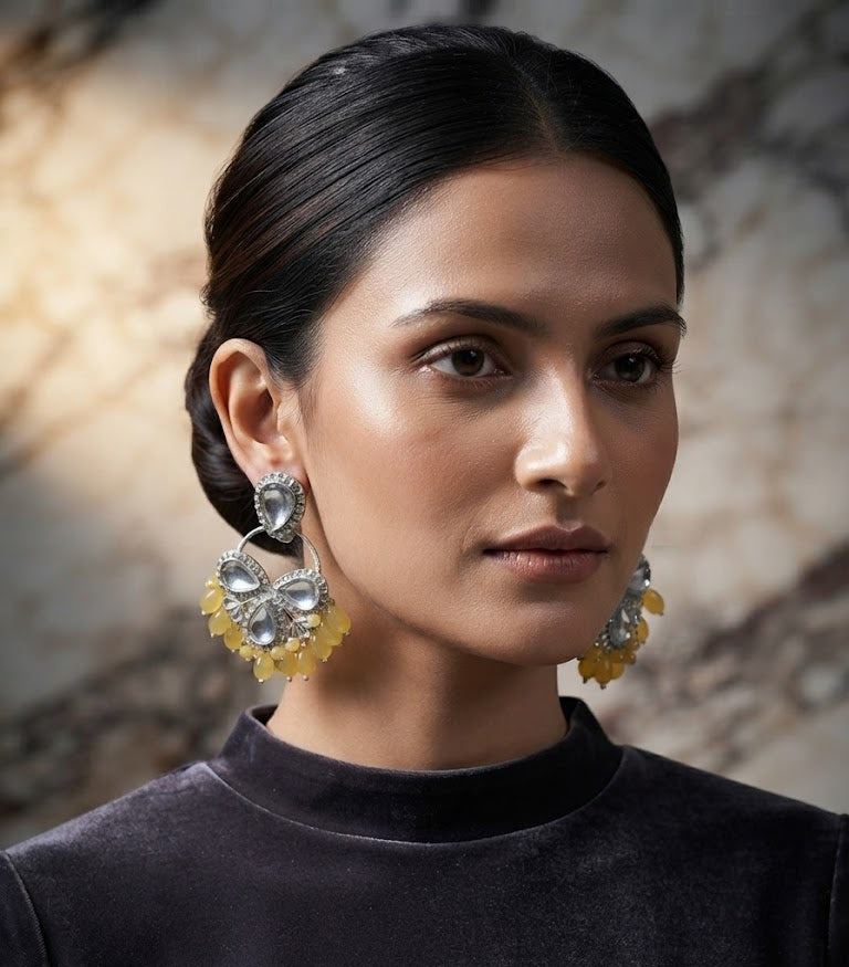 Premium Silver-Toned Pearl Finish & Yellow Beaded Statement Chandelier Earrings