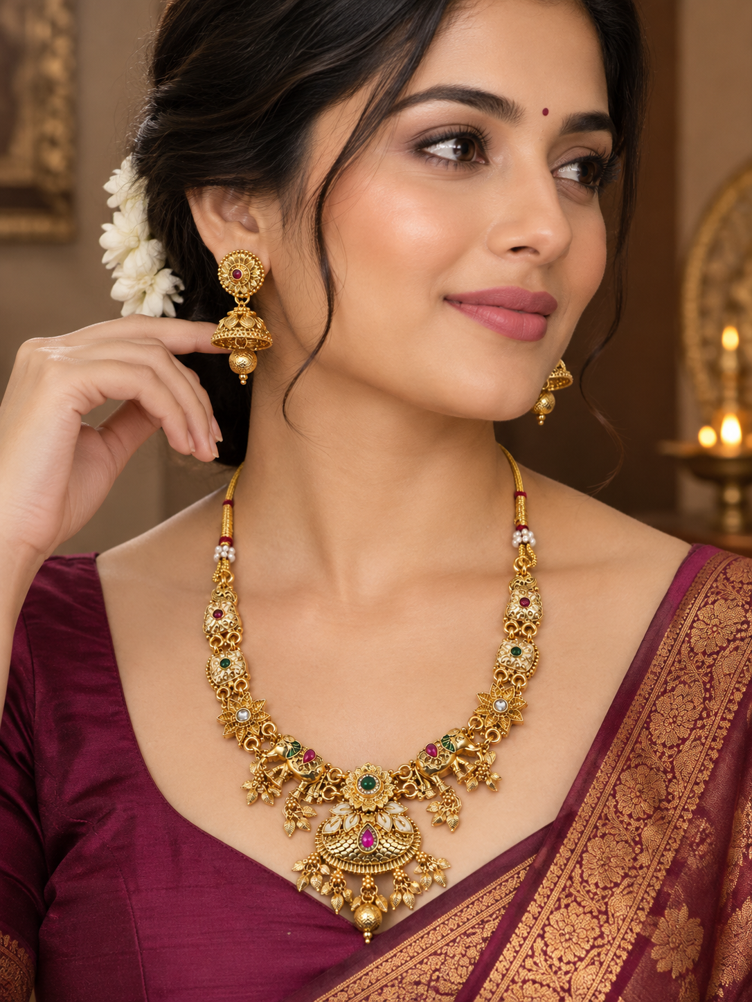 Gold-Toned Traditional Necklace & Jhumka Jewellery Set