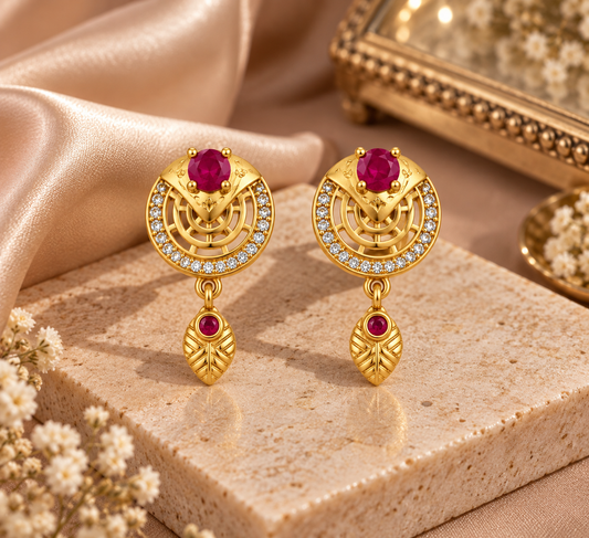 Gold-Plated Purple Floral Stud Drop Earrings