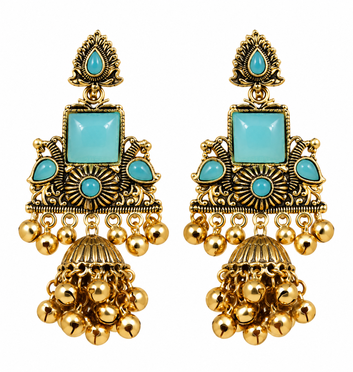 Premium Gold-Toned Aqua Blue Stone Designer Jhumka Earrings