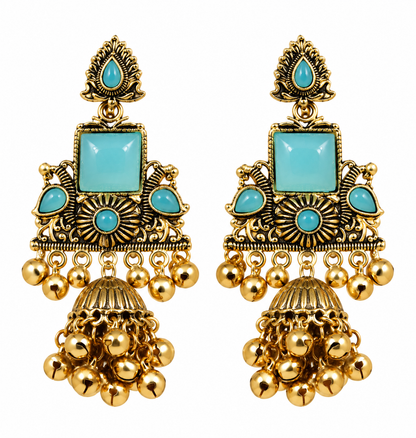 Premium Gold-Toned Aqua Blue Stone Designer Jhumka Earrings