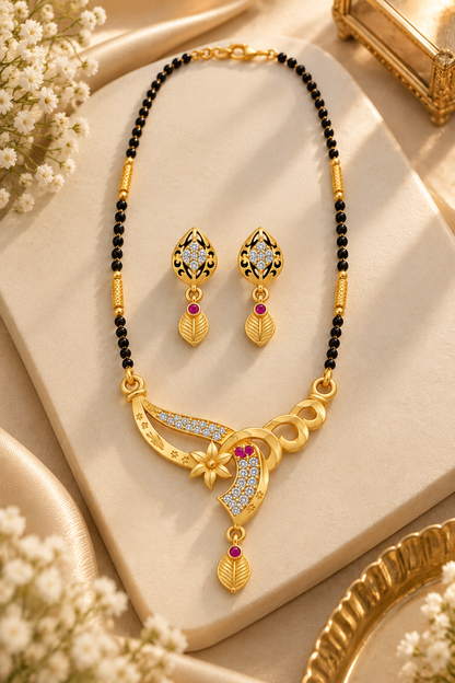 Gold-Toned Black Beaded Necklace & Earring Set