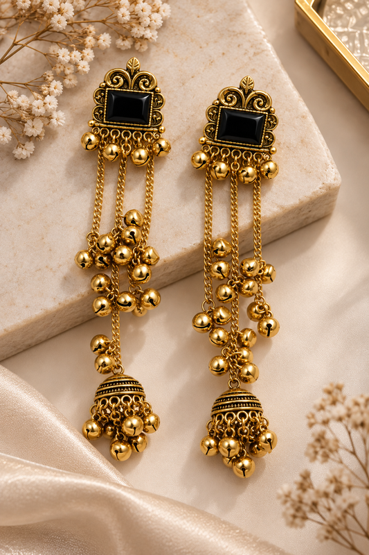 Premium Antique Gold-Toned Black Stone Long Chain Jhumka Earrings