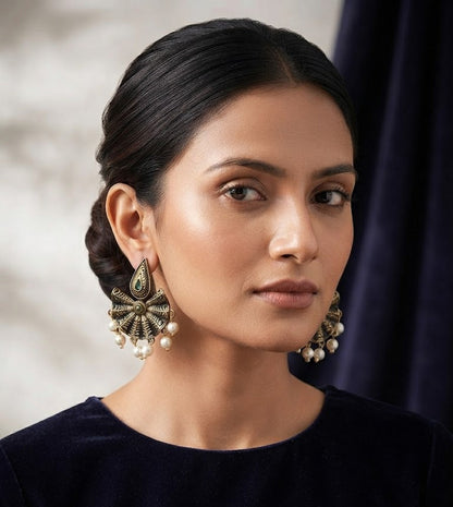 Premium Antique Gold-Toned Black Filigree & Pearl Statement Earrings