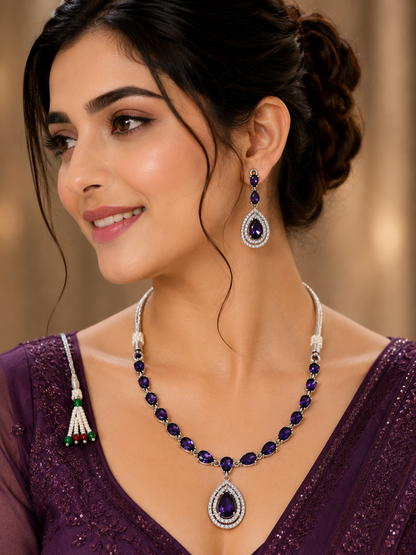 Silver-Toned Deep Purple Stone Necklace & Earring Set